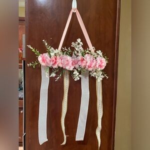 Pink Floral Ribbon Bow Holder with Hanging Ribbons
